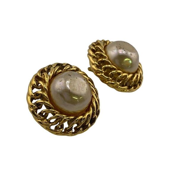 Pre Loved Chanel Pearl Clipon Earrings Gold Chain Design Women - Picture 3 of 8